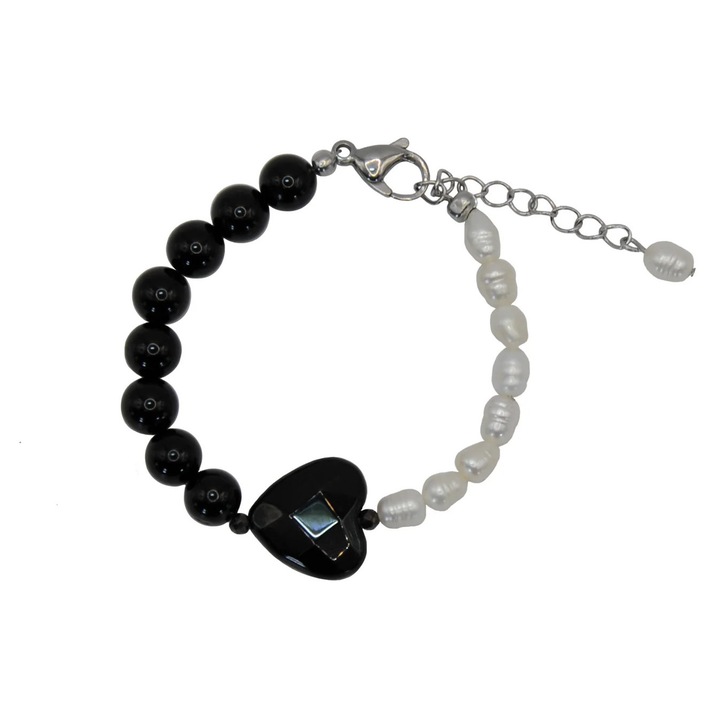 Bratara Forever Love handmade - pietre naturale Onyx negru si perle de cultura - otel inoxidabil