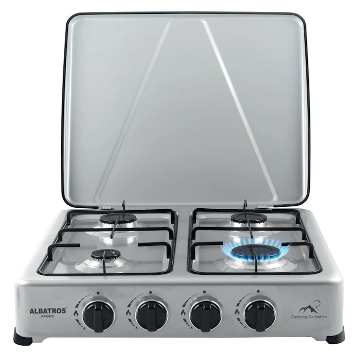 Aragaz de masa pe gaz Albatros APG42S, de exterior, 4 arzatoare, putere 6.2 kW, utilizare cu gaz GPL, capac de protectie, argintiu