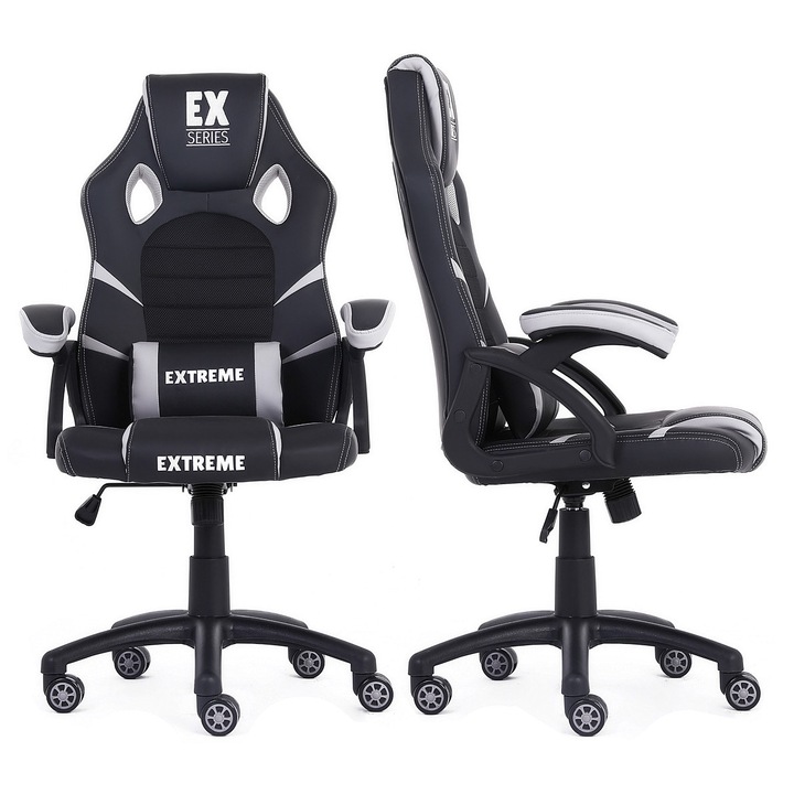 Scaun gaming Extreme EX, negru gri, piele ecologica membrana, reglabil 46x56cm, rotativ 360°