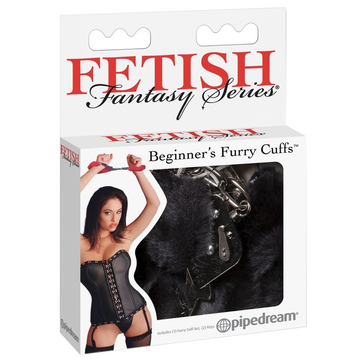 Белезници за начинаещи с пух, FETISH FANTASY SERIES, система за безопасност, комплект с 2 ключа, метал, синтетика