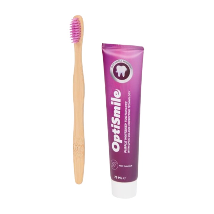 OptiSmile Lila Fehérítő Fogkrém 75 ml és Bambusz Fogkefe Szett, lila, közepes