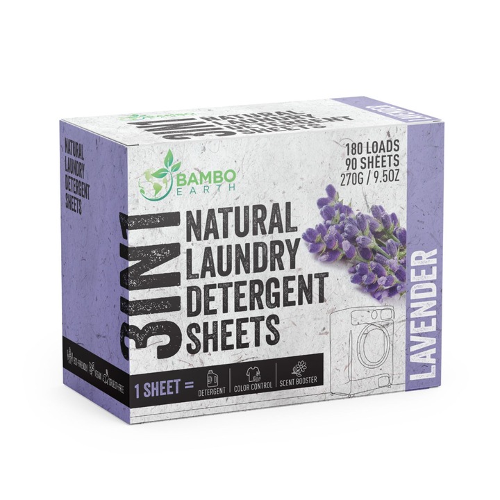 Detergent natural de rufe sub formă de foi solubile cu lavandă – 90 buc