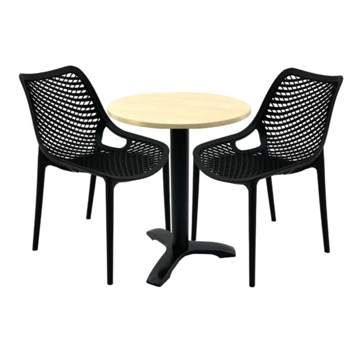 Set mobilier terasă, Raki, 2 scaune London Air negru suprapozabile, masă rotundă 60x74cm, blat Werzalit negru, picior metalic