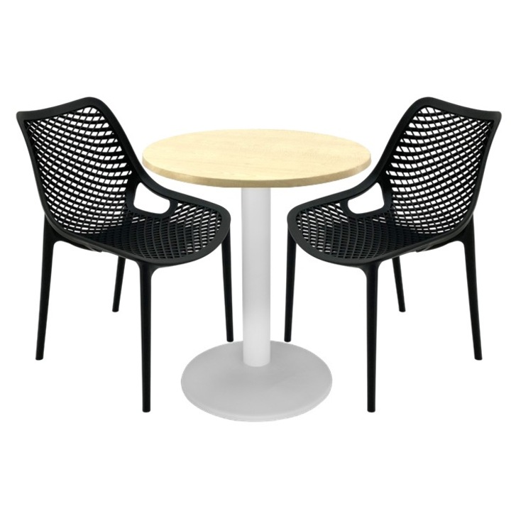 Set mobilier bistro Raki, masă 70x74cm blat Werzalit, 2 scaune London Air negre suprapozabile, picior metalic alb