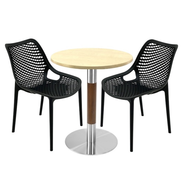 Set mobilier cafenea, masa Raki, 70x74cm, blat werzalit, 2 scaune London Air negru, suprapozabile, baza crom
