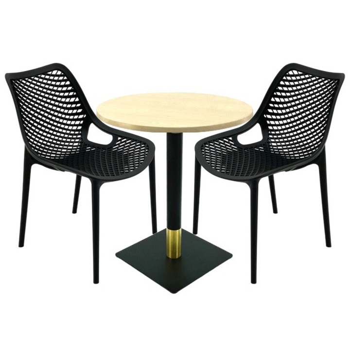 Set mobilier terasă Raki, 2 scaune London Air negru suprapozabile, masă rotundă 70x74cm, blat Werzalit, picior metalic negru/auriu