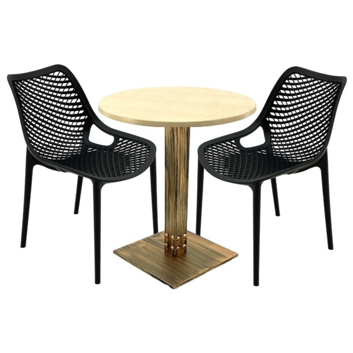 Set mobilier bistro 2 scaune London Air negru suprapozabile cu masă rotundă 70x74cm Raki MAPLE blatul din werzalit, picior metalic bronz antichizat
