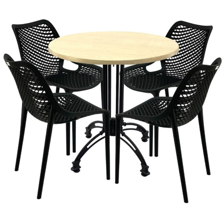 Set mobilier cafenea, masa rotundă 80x71cm, 4 scaune negru suprapozabile, aluminiu, polipropilenă
