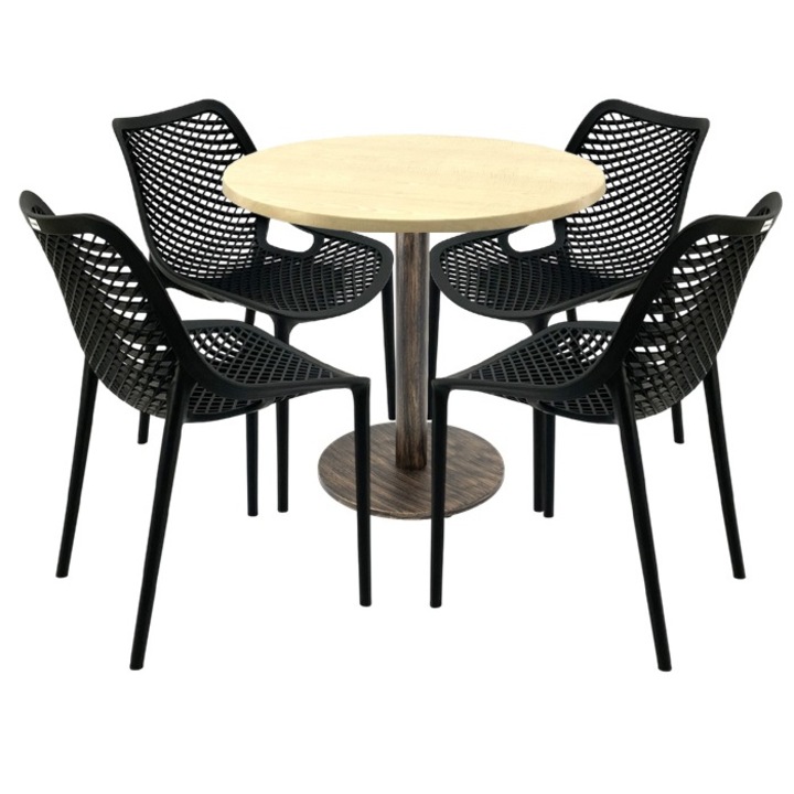 Set mobilier cafenea Raki, masă rotundă 80x74cm blatul Werzalit cu 4 scaune London Air negre, picior metalic, bază rotundă