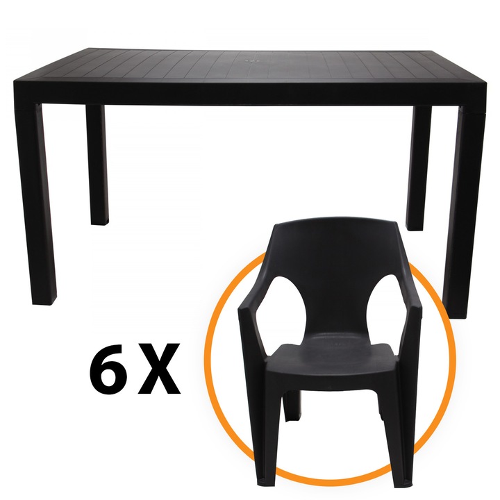 Set mobilier gradina, MOB, masa dreptunghiulara 140x80cm + 6 scaune, plastic, maro