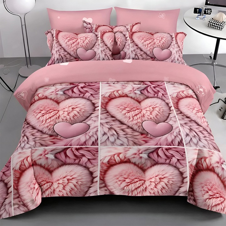 Спално бельо EmonaMall S18964, Двулицево, 4 калъфки, 6 части, Многоцветен/Розов