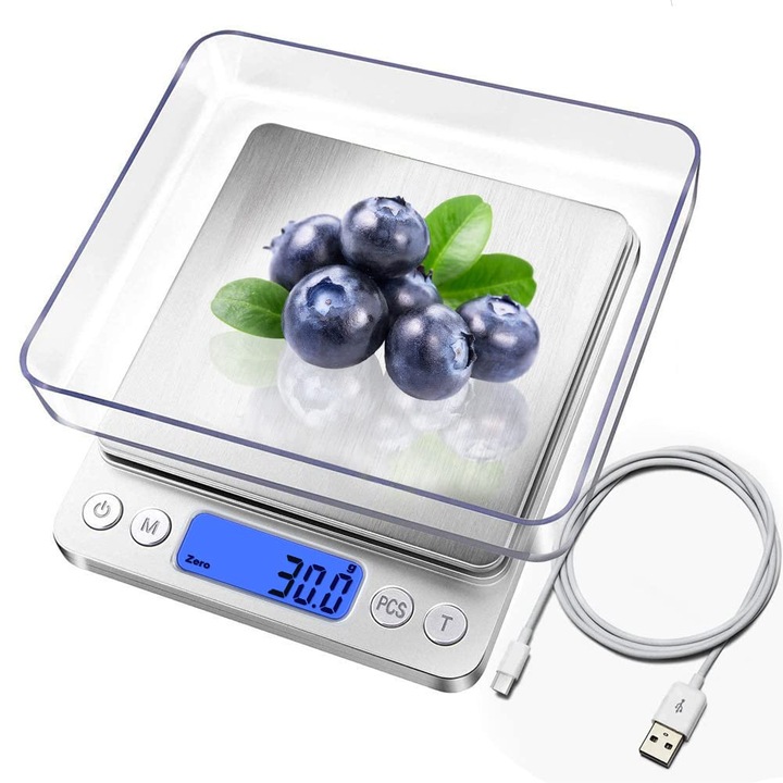 Cantar de bucatarie digital, mini, 3kgx0.1g, inox, USB reincarcabil