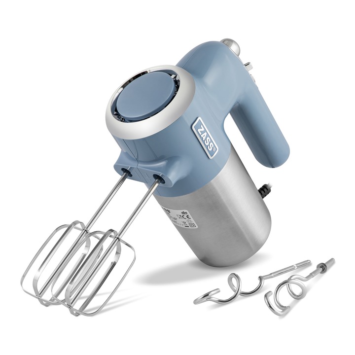 Mixer de mana Zass ZHM 15 Faded Denim, 500 W, 5 viteze + Turbo, accesorii incluse