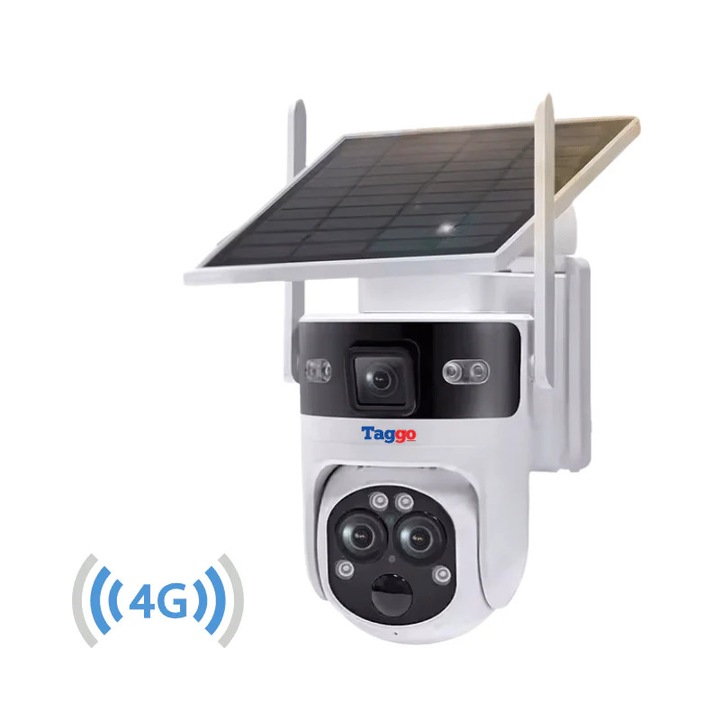 Taggo megfigyelő kamera, 4G kapcsolat, 6MP felbontás, 15X ZOOM, napelemes töltés, kültéri, 3 lencse, éjjellátó