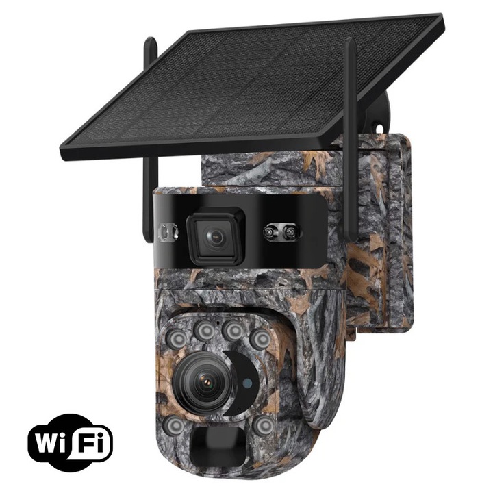 WiFi 4K Ultra HD megfigyelő kamera, négyszeres kamera 8MP, 99X optikai zoom, szoláris töltés, PTZ forgatás 355°, AI + PIR észlelés, színes éjjellátó, kettős képernyő