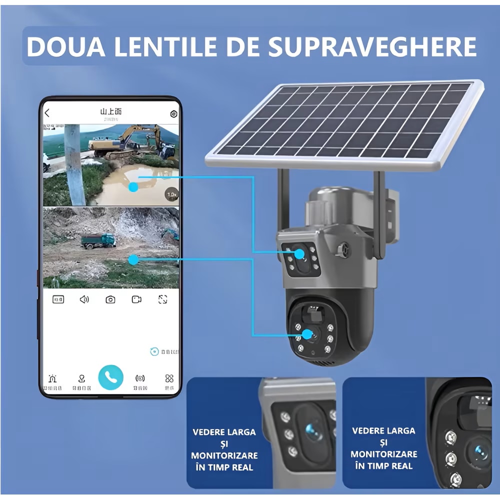 Camera Cu Sim Camera video dubla cu cartela SIM 4G, Panou solar cu acumulatori, 4MP ...