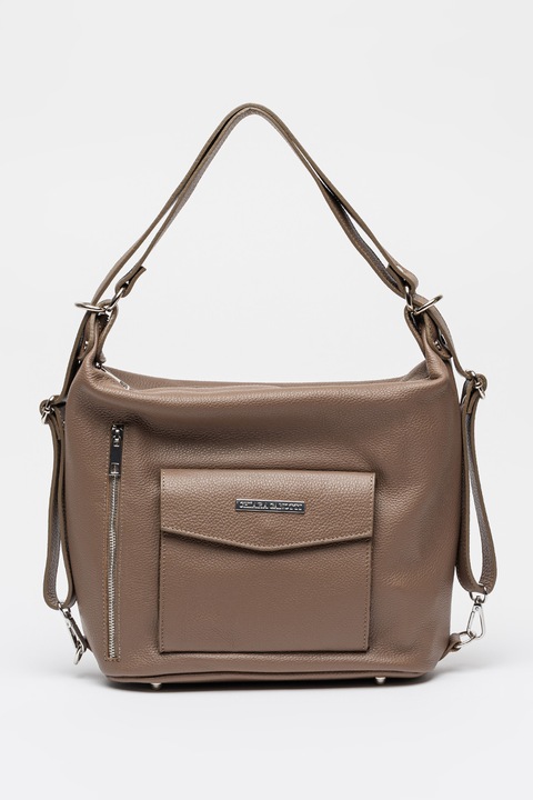 Chiara Canotti, Geanta de piele cu bareta de umar si buzunar frontal cu clapa, Maro taupe