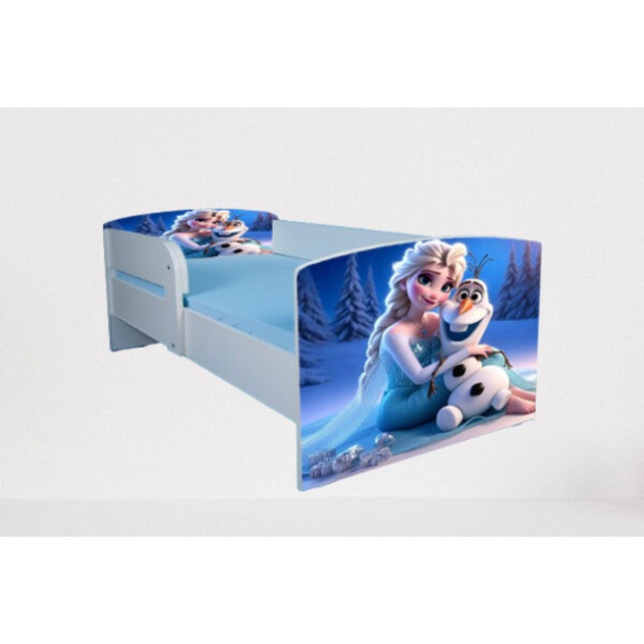 Pat copii Elsa si Olaf, alb, 160x80 cm, cu saltea Safe Nest 6 cm, cu protectie