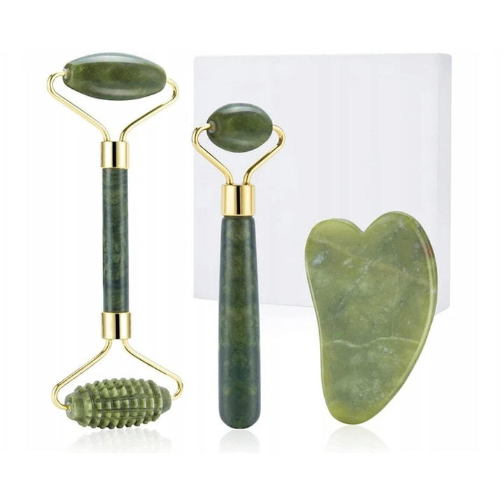 Set pentru masaj al fetei, cu piatra de Jad naturala, rola dubla, Anti-Rid, Dactylion®