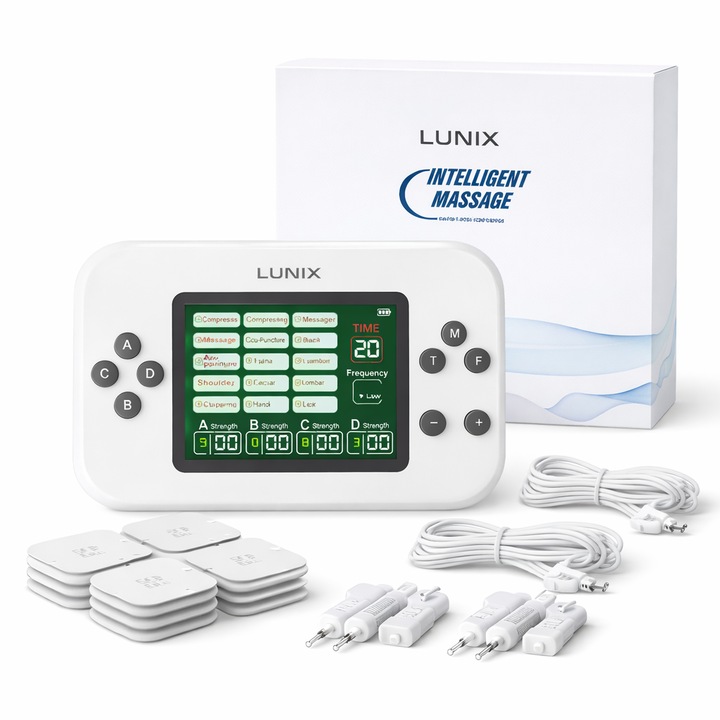 Aparat de Masaj cu Electrostimulare LUNIX, 30 Niveluri de Intensitate, 4 Canale Independente, 15 Programe de Masaj, Display LCD Mare, Alb
