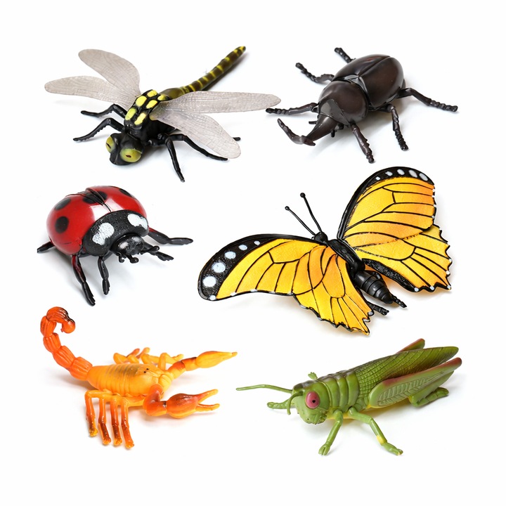 Set 6 Figurine Insecte Mari din Plastic - Fluture, Gargarita, Scorpion, Libelula, Scarabeu, Lacusta, Modele Realiste pentru Joaca si Educatie, 8-20cm