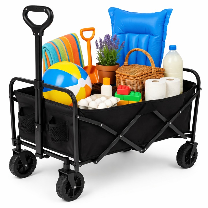 Carucior de transport pliabil LINBOX, 65L, 20kg, 48x80x48cm, roti de 14cm, negru