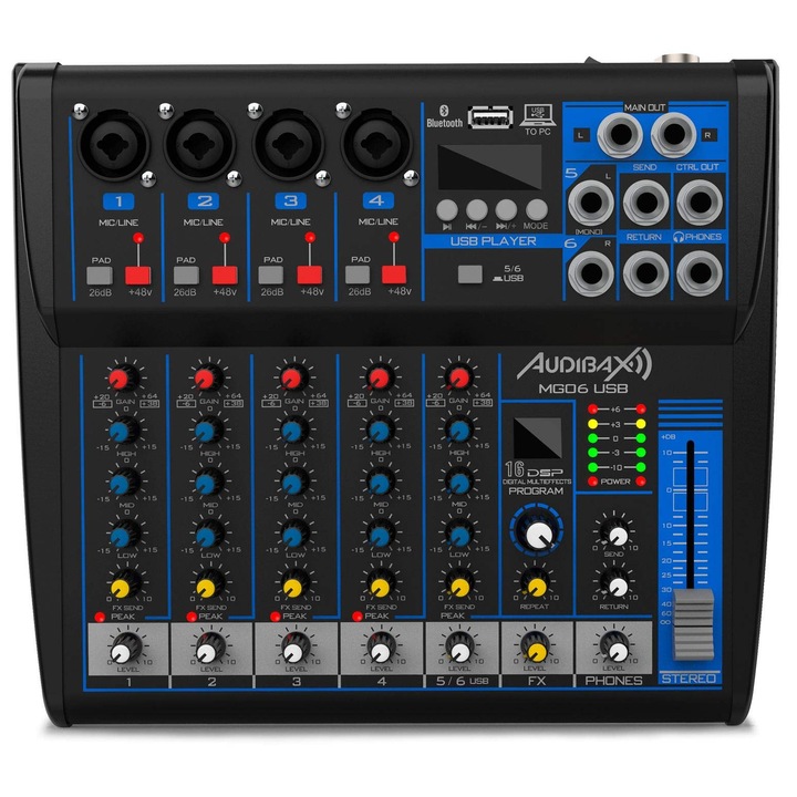 Consolă de mixare USB Audibax MG06, 6 canale, Bluetooth, MP3, înregistrare USB, 13, 86x10, 16x3, 23 cm