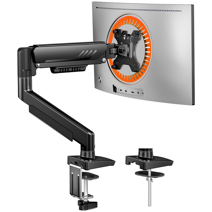 Suport monitor Adymel® 13–34 inch, brat reglabil cu arc pe gaz, sustine pana la 9 kg, compatibil VESA 75x75 si 100x100, 2 tipuri de montare, ideal pentru gaming si birou