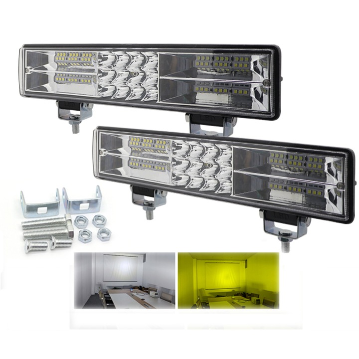 Set 2 Bucati Proiector LED Off-Road 60 LED 120W Alb + Galben Flood Spot Combo, 12-80V, IP68, Proiector SUV 4x4 Camion Utilaje