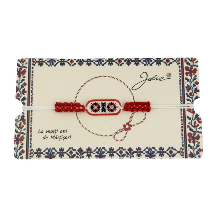 Brățară Martisor Jolie, roșu cu motive populare, dimensiune reglabilă, ambalaj individual