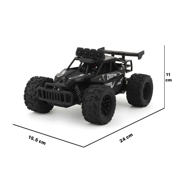 Количка с дистанционно управление RC Off-Road 1:16, Скорост 20 км/ч, Големи All-Terrain Гуми, LED Светлини/Прожектори, Дистанционно Управление Тип Пистолет, Включена Презареждаема Батерия, Играчка за Деца 5+ Години, Черна