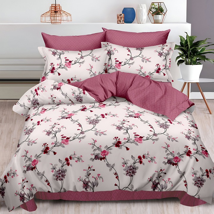 Ágynemű EmonaMall S18966, 6 részes, Gumis, Kétoldalas, Bézs/Sötétrózsaszín