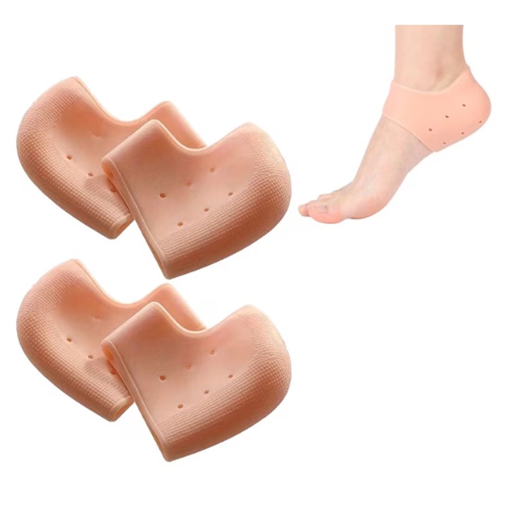 Set 4 protectii din silicon pentru calcaie KING, pentru dureri/bataturi/piele crapata, lavabile, reutilizabile, anti-alunecare, elastice, potrivite pentru orice incaltaminte, marime universala, crem