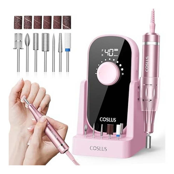 Freza electrica unghii COSLUS, set 6-in-1, portabil, 40.000 rpm, pentru unghii cu gel si acril