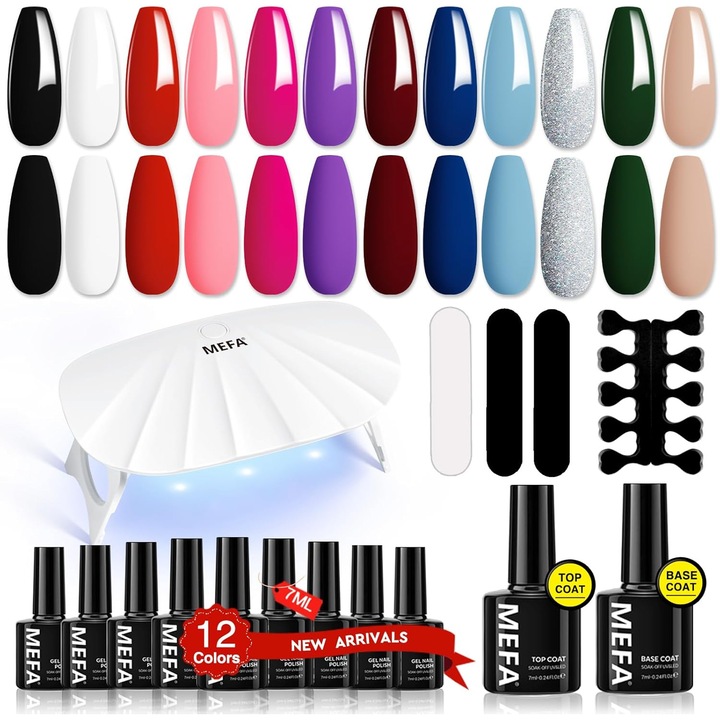 Set unghii MEFA, 12 culori oja gel 7ml, lampa UV 6W, accesorii, manichiura