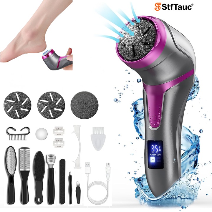 Pila Electrica pentru Talpi si Calcaie cu Aspirare Integrata StfTauc®, Display LED, 2 Viteze pana la 2200 RPM, Acumulator 1500 mAh, Incarcare USB, IPX7 Rezistenta la Apa, 3 Capete Interschimbabile, Accesorii Incluse, Indepartare Calus si Piele Moarta, Gri