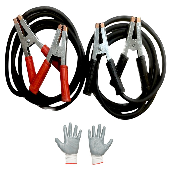 Кабели за стартиране/пренос на ток, 12/24V, комплект 2x3 м, с 4 изолирани щипки 600A, сечение 25кв.мм, 600W с комплект защитни ръкавици