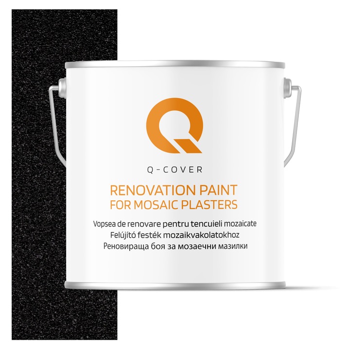 Vopsea de renovare pentru tencuieli mozaicate Q-Cover, Rezistent UV, Hidrofob, Negru RAL9005, Lucios, 5L