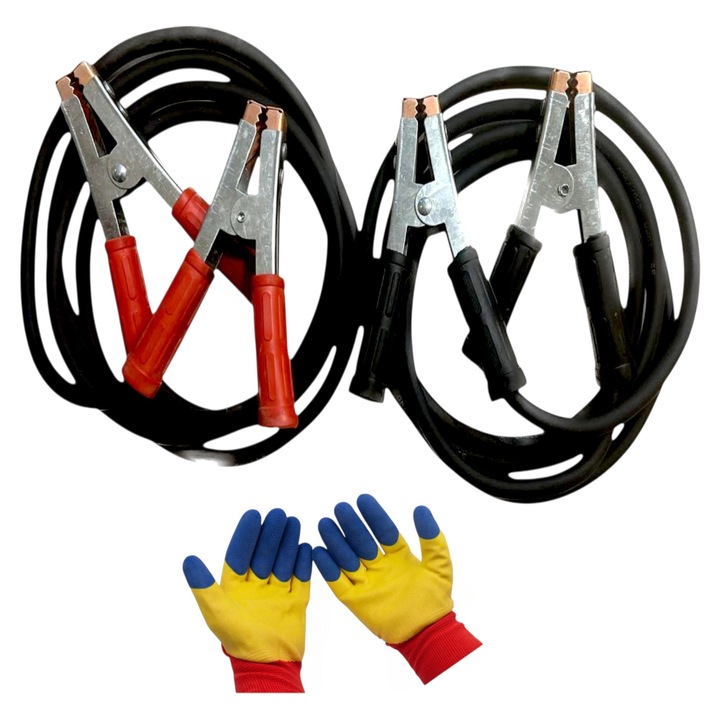 Cabluri de pornire/transfer curent, 12/24V, set 2x3 m, cu 4 clesti manere izolate 600A, sectiune 25mmp, 600W cu Set manusi protectie