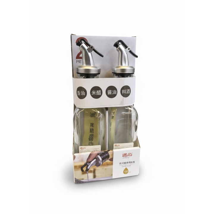 Set 2 recipiente pentru ulei si otet, 150 ml fiecare, sticla cu dozator anti-picurare