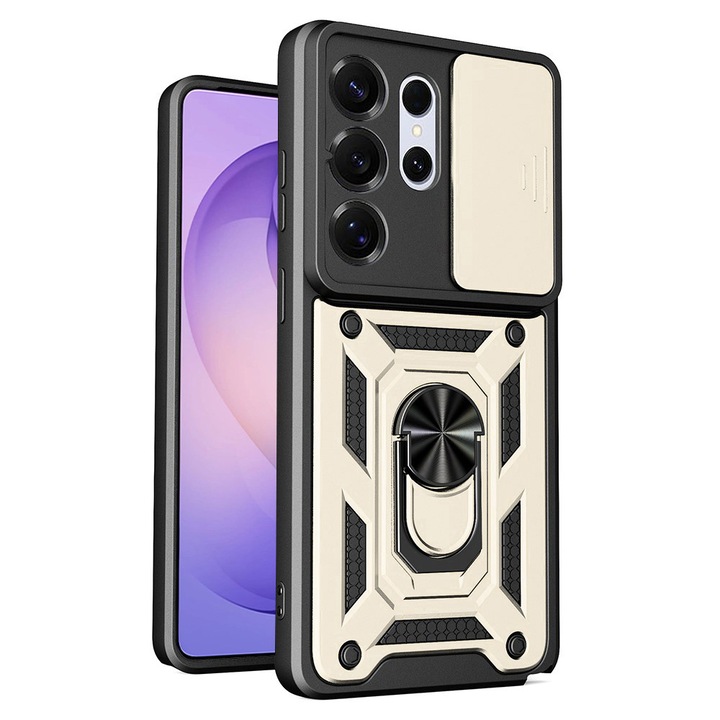 Калъф за телефон, съвместим със Samsung Galaxy S26 Ultra, Rugged Shield LensProtect, противоударен, плъзгащ се капак за камери, защита на обектива, пълно покритие, пръстен за захващане, магнит, златен