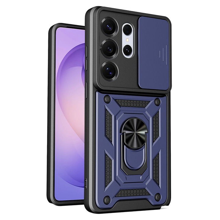 Калъф за телефон, съвместим със Samsung Galaxy S26 Ultra, Rugged Shield LensProtect, противоударен, плъзгащ се капак за камери, защита на обектива, пълно покритие, пръстен за захващане, магнит, син