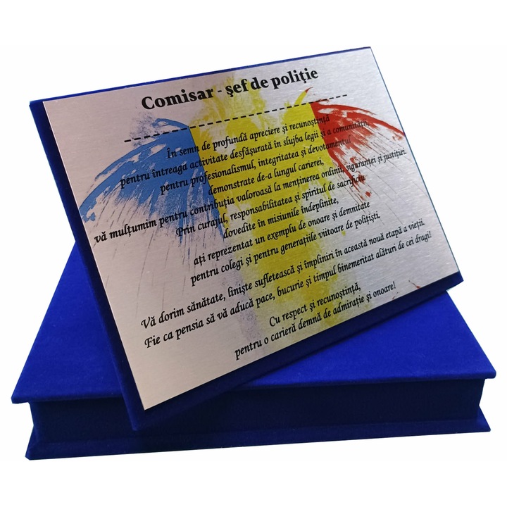 Placheta Pensionare Agent/ Ofiter Politie, in Cutie Albastra de Plus 21 x 16 cm