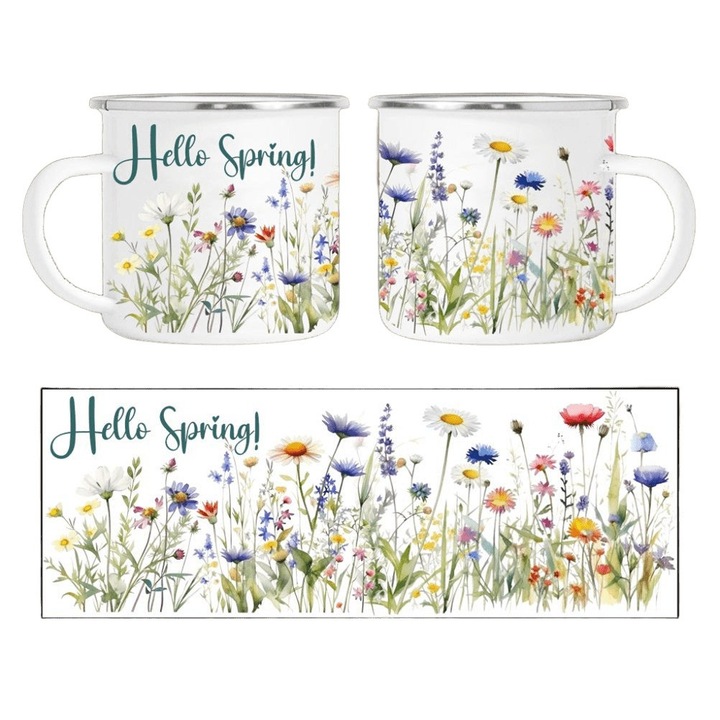 Cana emailata alba 350 ml „Hello Spring!” – o pajiste cu flori, design acuarela primavaratic