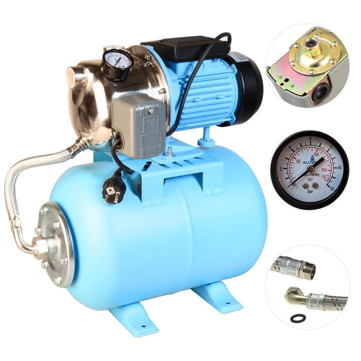 Hidrofor apa curata 24L, ALUVRA, pompa JX 1100 din INOX, 1100 W, 230 V, debit 3600 l/h, capacitate vas expansiune 24 L, presiune maxima 5 bar, 1x1 inch, inaltime refulare 50 m