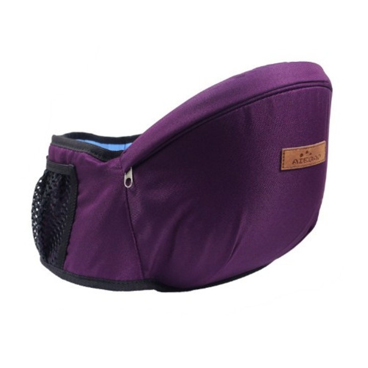 Port-Bebe Ergonomic Ajustabil cu Scaun, 3 Pozitii, Bumbac Respirabil, pentru Copii 0-3 Ani, 20 kg Maxim, 25 x 22 x 18 cm, Mov