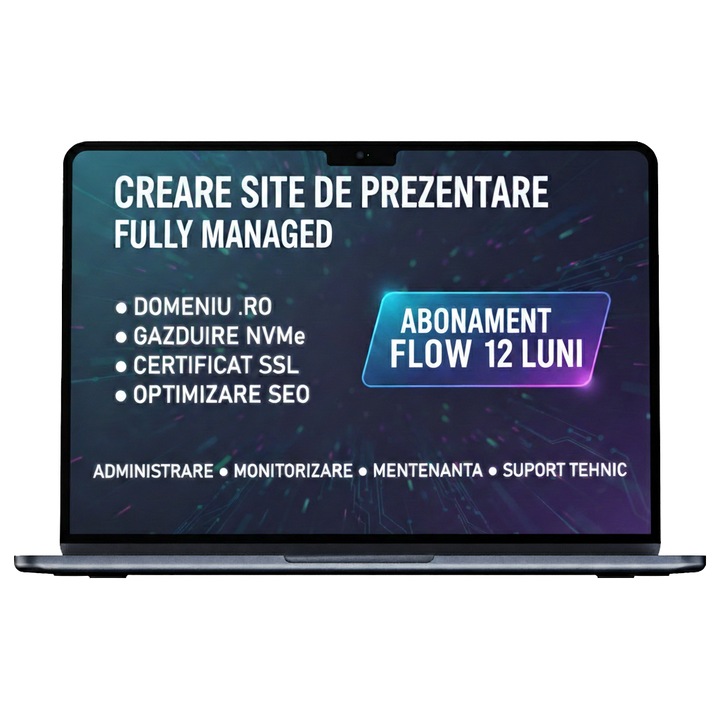 Creare Site Web Prezentare, Abonament FLOW 12 Luni, Include Domeniu .ro, Gazduire Premium NVMe, Optimizare SEO, Certificat SSL, Administrare si Mentenanta Tehnica, Pachet Complet HBY