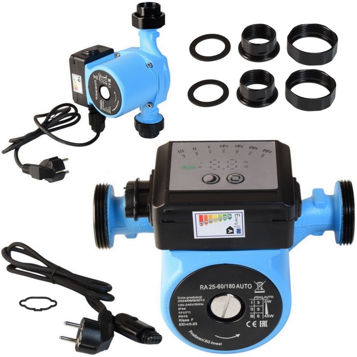 Pompa de circulatie electronica RA 25-60/180 AUTO, ALUVRA, 3 viteze, 5-45 W, 55 l/min debit max, 6 m inaltime refulare, recirculare calda si rece pentru centrala termica, eficienta energetica, set cu racorduri