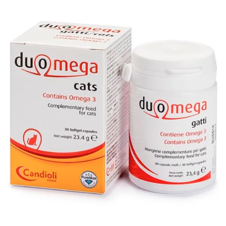 Supliment nutritiv pentru pisici, Candioli DUOMEGA, set 30 capsule, 500 mg, Omega-3, ulei de pește, gelatina