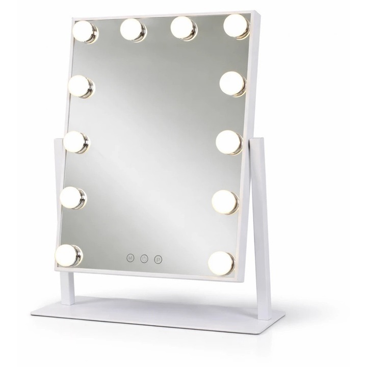 Oglinda Cosmetica Cu LED, MOBATELIER®, 12 Becuri, Sistem Iluminare 3 Culori Calda/Rece/Neutra, Senzor Tactil Inteligent, Luminozitate Reglabila Cu Functie Memorie, Design Rotativ 360°, Rama Metalica, Conectare La Priza 110V/220V, 30x40 Cm, Alb